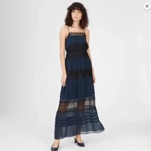 Club Monaco Strappy Navy & Black Lace Tiered Maxi Dress, Size 2